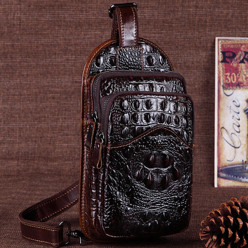 Cowhide Leather Men's Chest Bag Crocodile Crossbody bag Sling Backpack Hiking