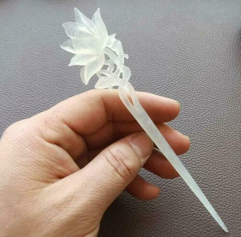 Chinese Antique Collection Xiuyu Jade Lotus Flower Carved Jade Hairpin