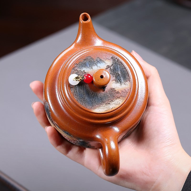Dezhong Pot Mountain Carved Handmade Tea Pot On Sales 9 Infuser Holes Yixing Pot