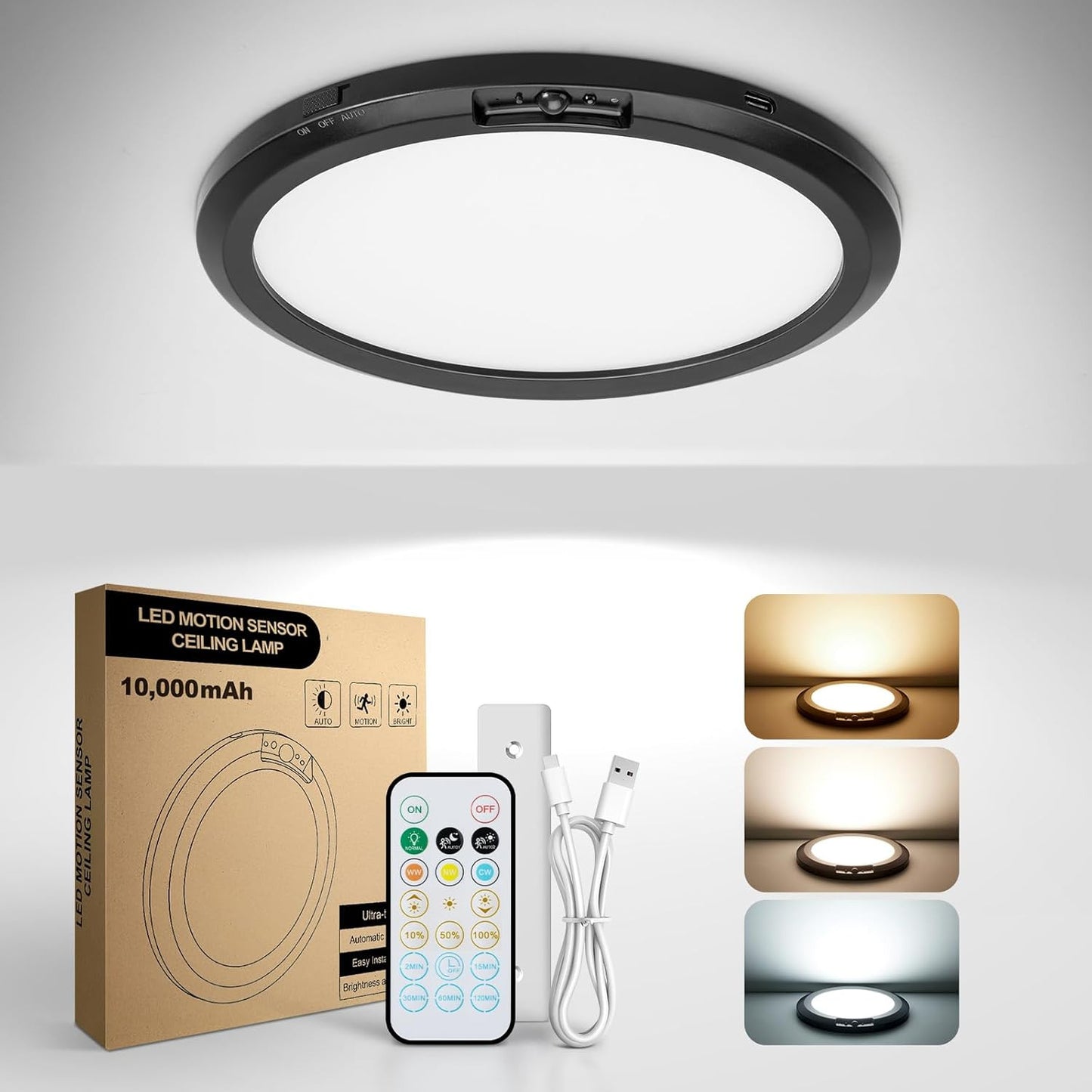 10,000Mah Rechargeable Ceiling Light with Remote, Wireless Waterproof Shower Lig