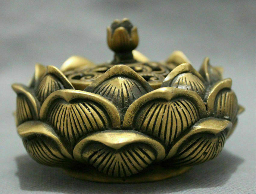Folk Brass Buddhist Auspicious Statue Flower Incense Burner Censer