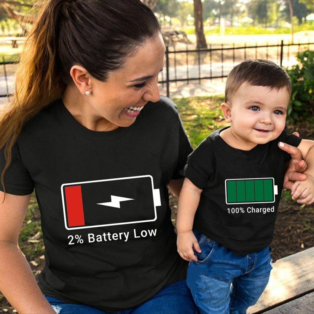 Family Matching T-Shirts Mommy Low Battery Charged Father Kids Baby Bodysuit Son