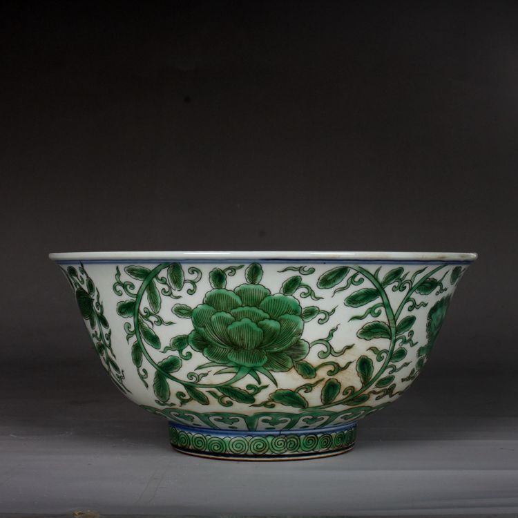 7.8" Chinese Porcelain Green Glaze Hand Painting Lotus Flower Pixiu Green Bowl
