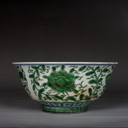7.8" Chinese Porcelain Green Glaze Hand Painting Lotus Flower Pixiu Green Bowl