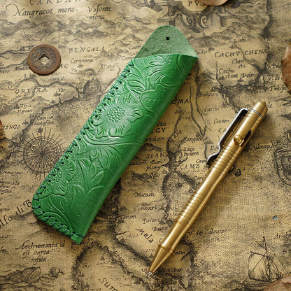 Portable Real Leather Pen Protector Bag Holder Pencil Case Handmade Carved Gifts