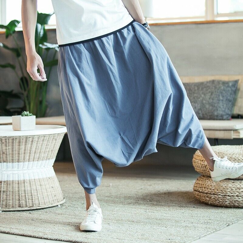 Summer Men's Loose Fit Baggy Pants Loose Fit Chinese Style Cropped Trousers L