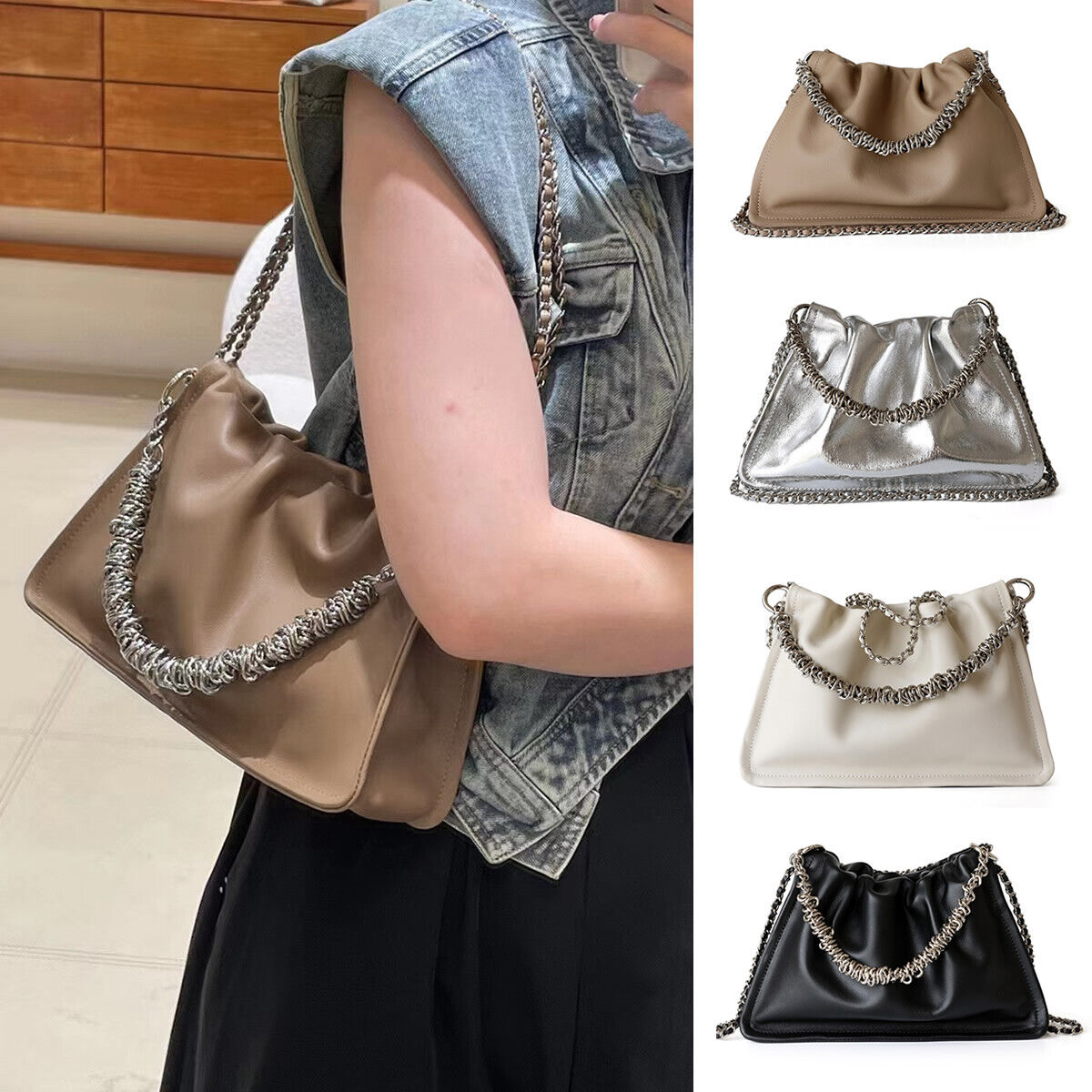 Small Real Leather Ruched Clutch Pouch Purse Tote Shoulder Bag Crossbody Chains