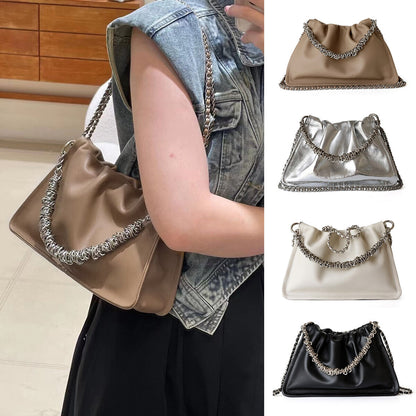 Small Real Leather Ruched Clutch Pouch Purse Tote Shoulder Bag Crossbody Chains