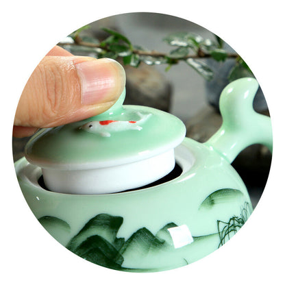 Longquan Celadon Tea Pot Handpainted Floral Ceramic Pot 7 Infuser Holes 220ml