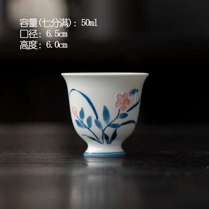 Hand Drawn Small Flowers White Porcelain High Foot Cup Personal Tea Single Cup