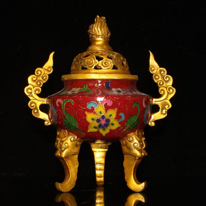 Old China Gold Plating on Brass Cloisonne Three Legs Incense Burner