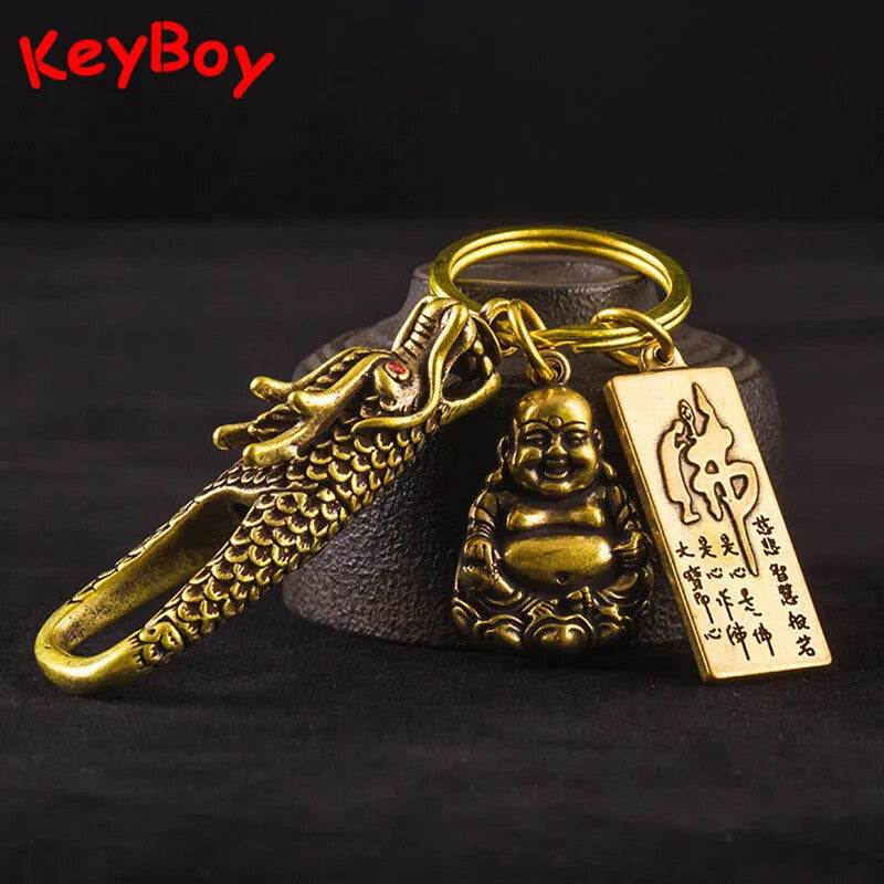 Solid Brass Smiling Maitreya Buddha Figures Tag Keychain Pendant Bodhis