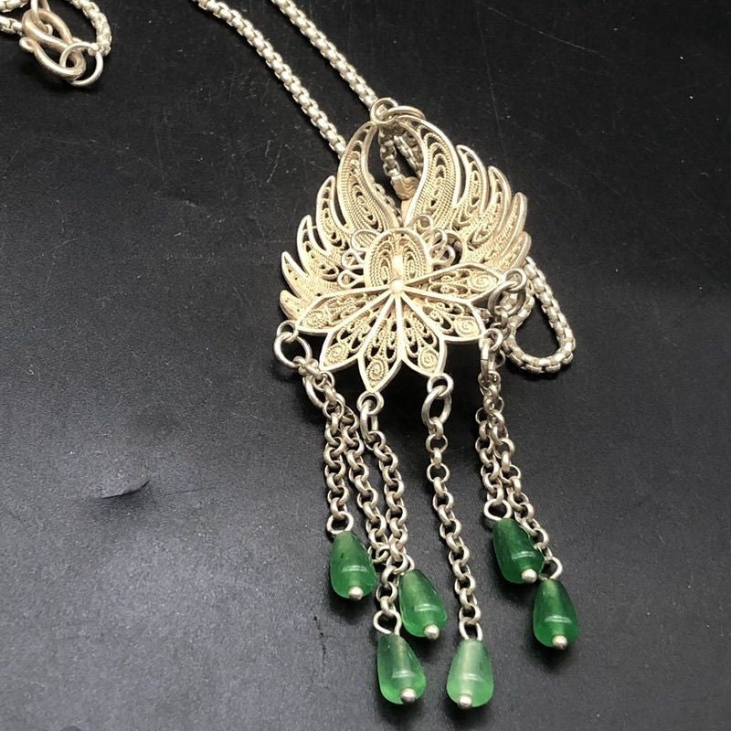 Vintage Peacock Filigree Pendant Necklace Silver-Plated 33cm Long Sweater Chain