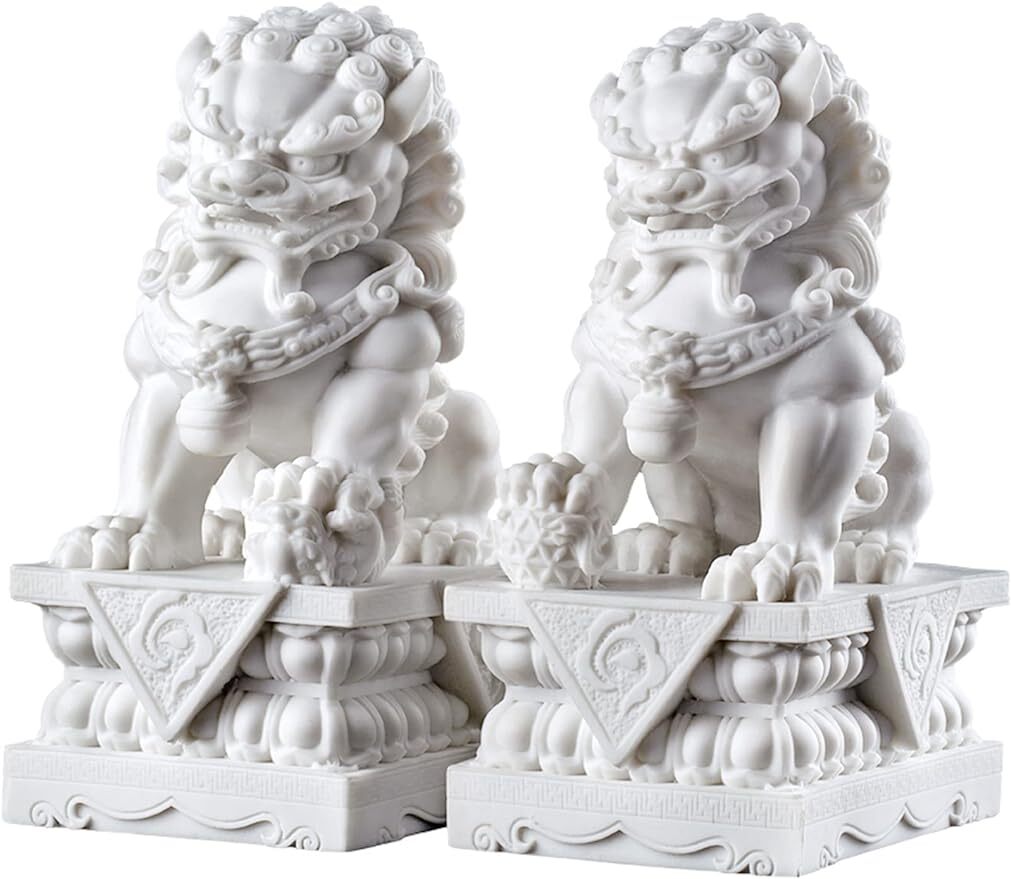 Foo Dogs Statues Pair Marble Feng Shui Guardian Lion Statues