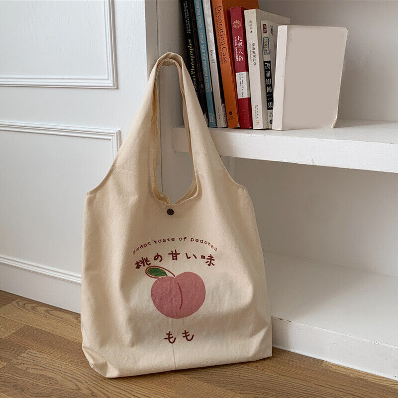Peach Print Canvas Bag Tote Bag Large Capacity Shoulder Bag School Shopping Bag