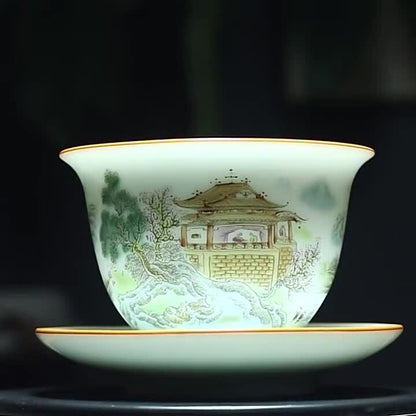 175ml Chinese Handpainted Porcelain Gaiwan Tureen Covered Bowl Coaster Tea Set