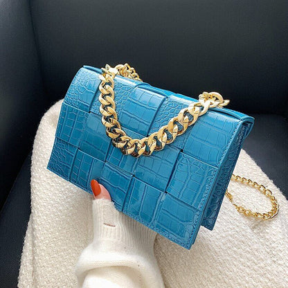 Pattern Pu Leather Bag Women Gold Chain Woven Square Bag Evening Party Clutch