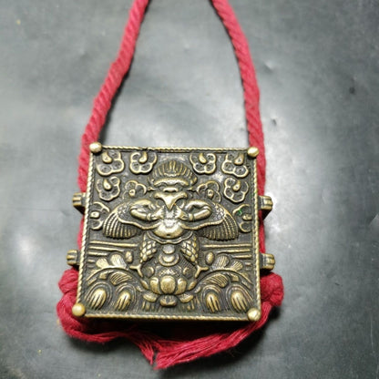 Vintage Tibetan Brass Gau Box Garuda Double Vajra Amulet 5.8×2.2cm