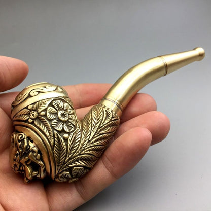 Vintage Style Brass Hand Carved Detachable Collectible Pipe Ornament Cleanable