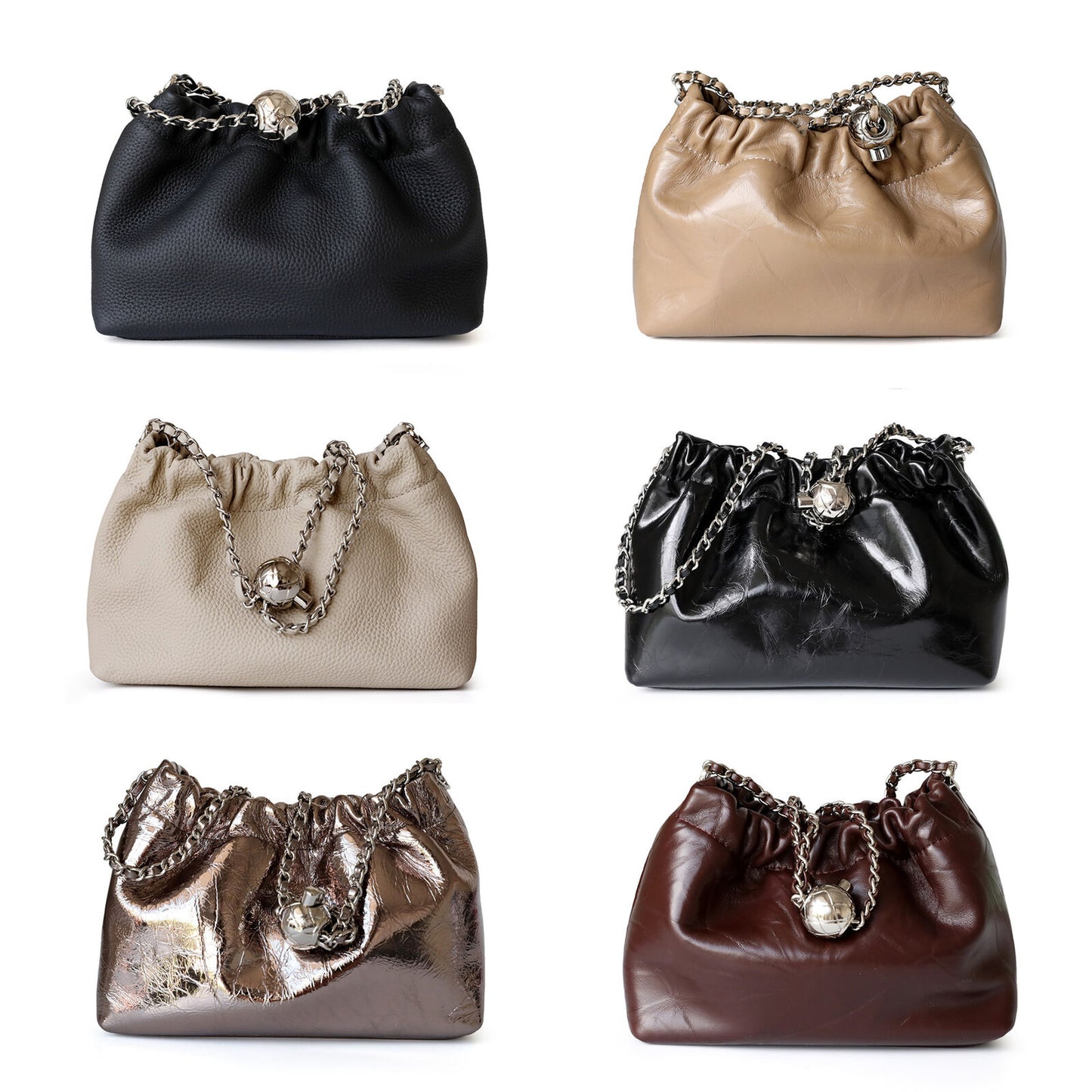 Small Mini Ruched Real Leather Clutch Pouch Purse Shoulder Bag w/ Chain Fashion