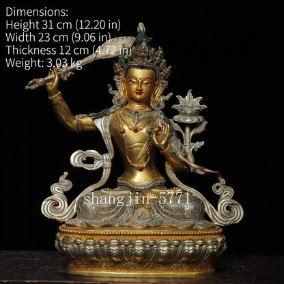 12.2"Xizang Buddhism Temple Bronze Hold Sword Manjushri Tara Buddha Statue