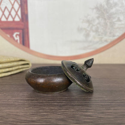 1.5" Diameter China Retro Antique Copper Alloy Incense Burner With Lid Ornament