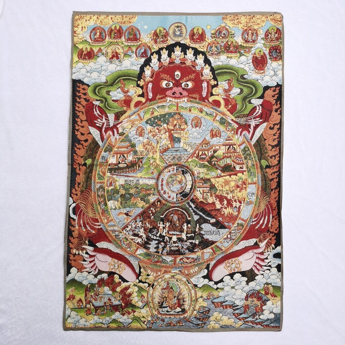 35.4" Tibet Cloth Embroidery Six realms wheel of life Tangka Mural Statue