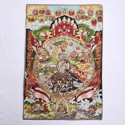 35.4" Tibet Cloth Embroidery Six realms wheel of life Tangka Mural Statue