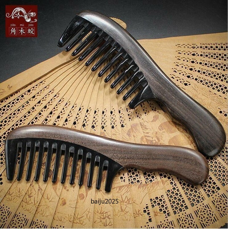 Wide Wooden Handle Toothed Comb Antistatic Natural Black Buffalo Hair Comb