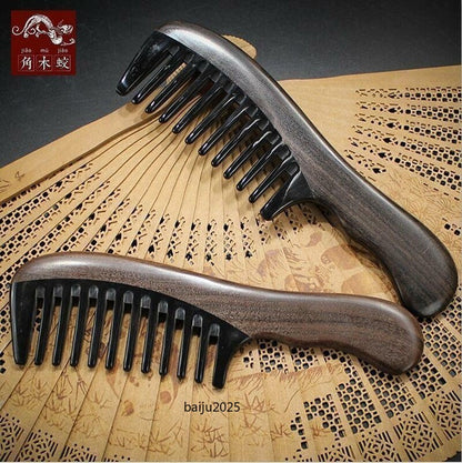 Wide Wooden Handle Toothed Comb Antistatic Natural Black Buffalo Hair Comb