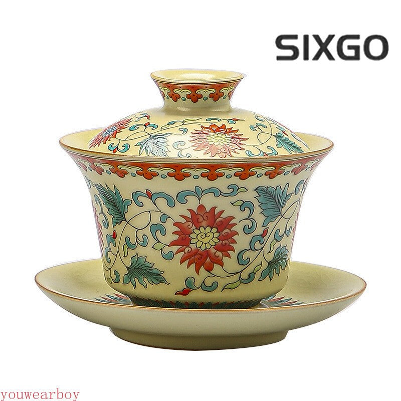Handmade Retro Gracked Glaze Ceramic Tea Bowl, Large Beige Ru Ware Gaiwan