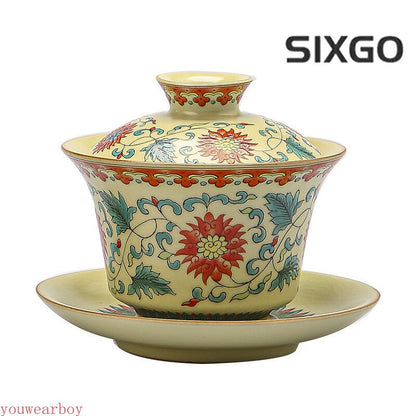 Handmade Retro Gracked Glaze Ceramic Tea Bowl, Large Beige Ru Ware Gaiwan