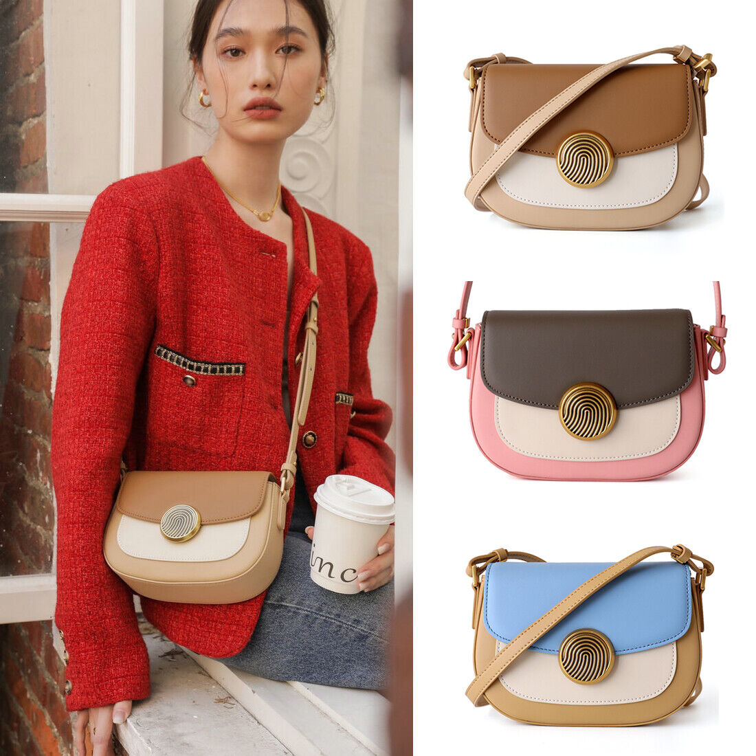 Real Leather Colorblock Small Flap Saddle Shoulder Bag Handbag Purse Crossbody