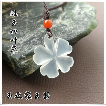 Natural Ice Jade Four Leaf Clover Pendant Lucky Stone Necklace Gift