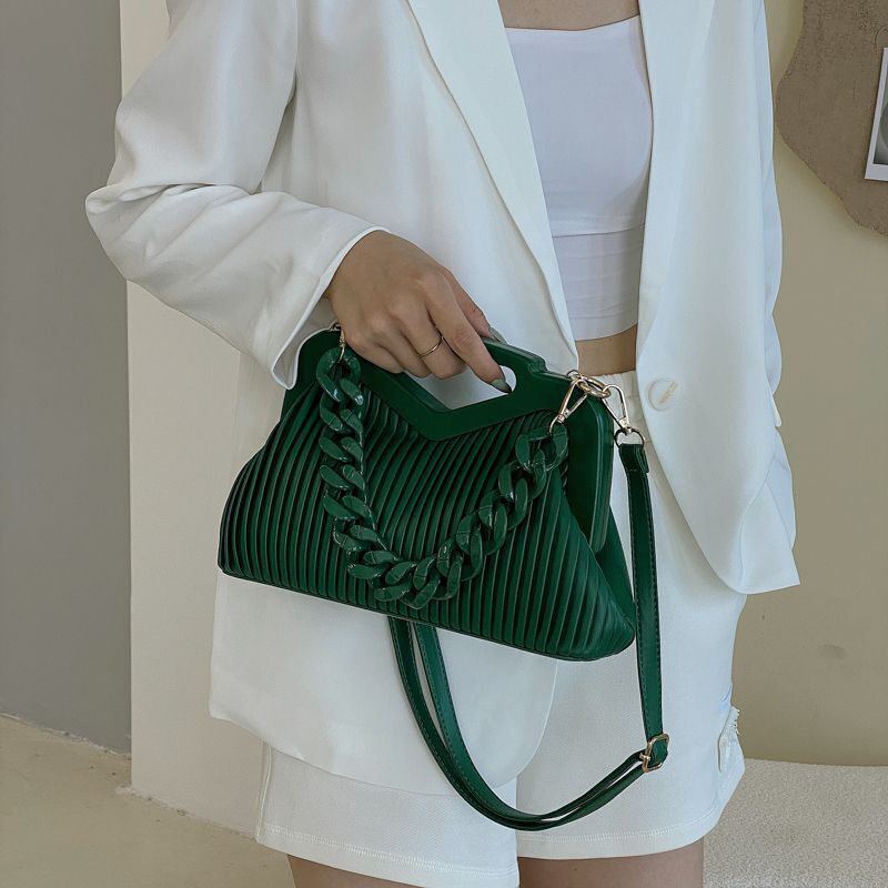 Leather Handbag Triangle Handle Pouch Crossbody Tote Bag Thick Chain Satchel 1PC