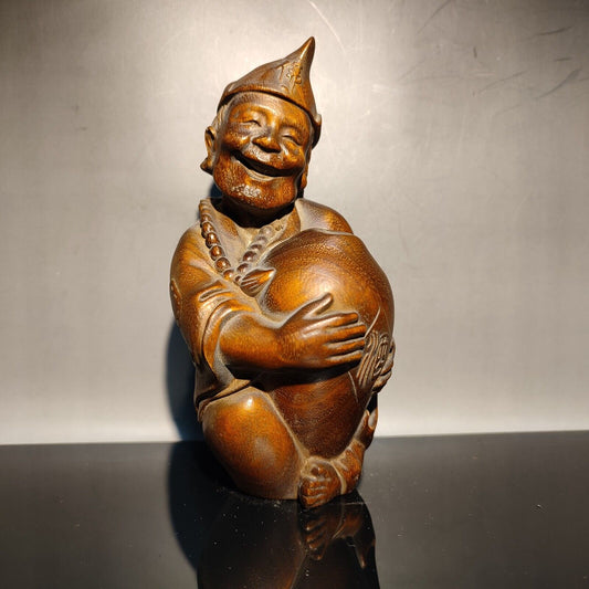 Boxwood Carved Wooden Happy Buddha Statue Wood For Home Decor Monk Drink Wine