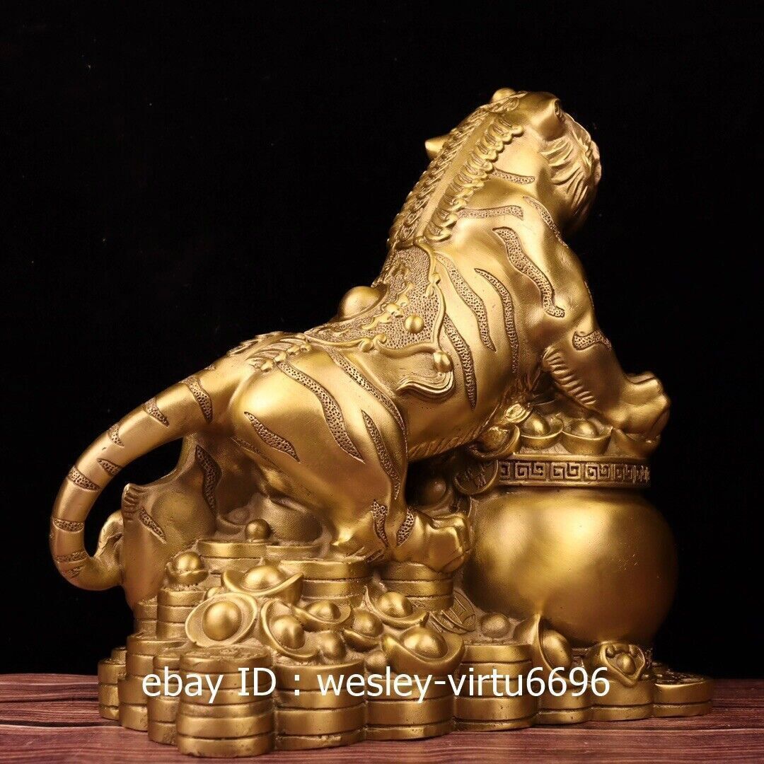 Copper Brass Handmade Feng Shui Evil Wealth Money Tiger Art Statue Ornament