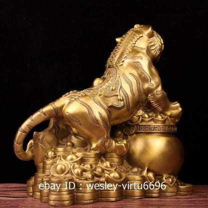 Copper Brass Handmade Feng Shui Evil Wealth Money Tiger Art Statue Ornament