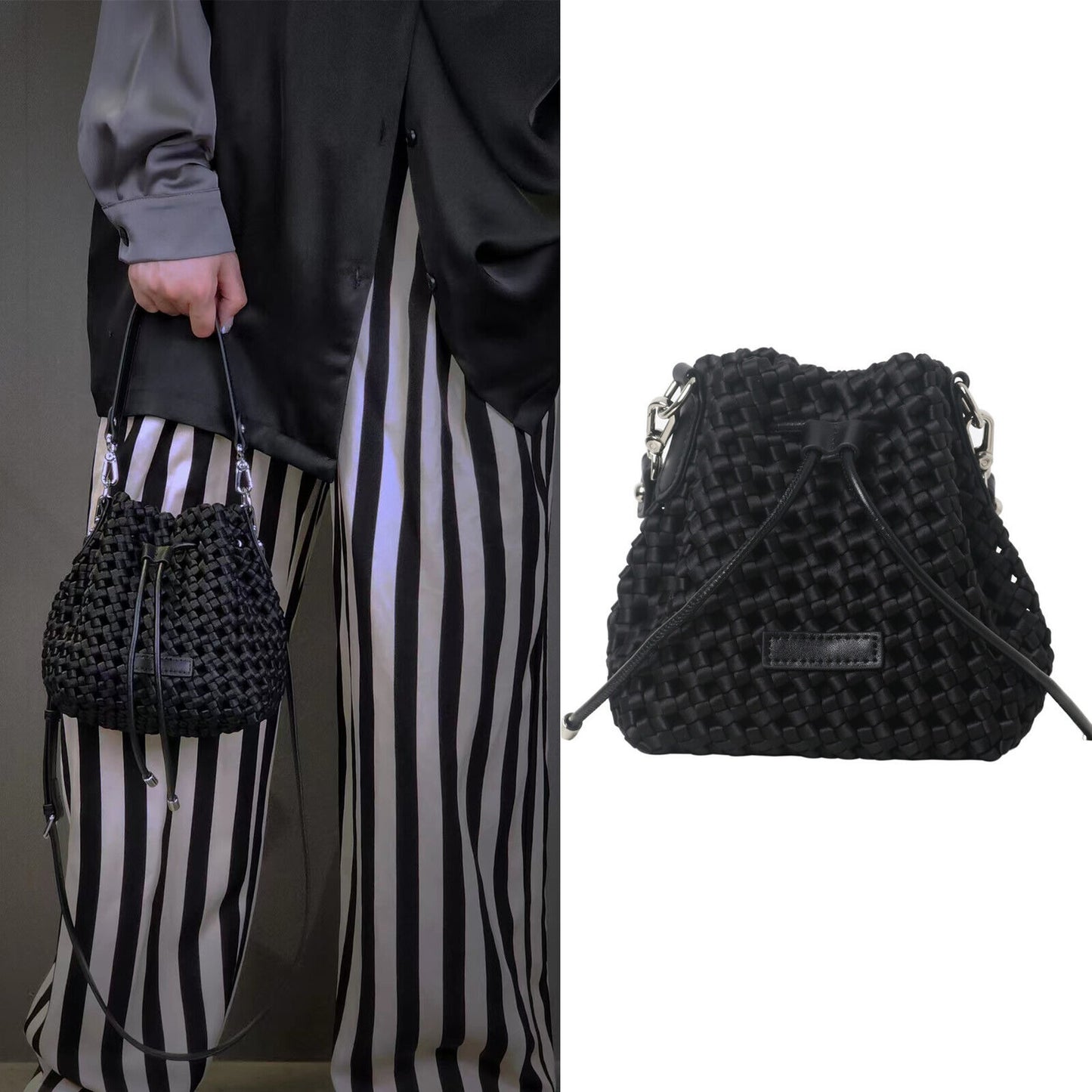 Small Mini Woven Nylon Drawstring Bucket Bag Purse Crossbody Crossbody Handbag