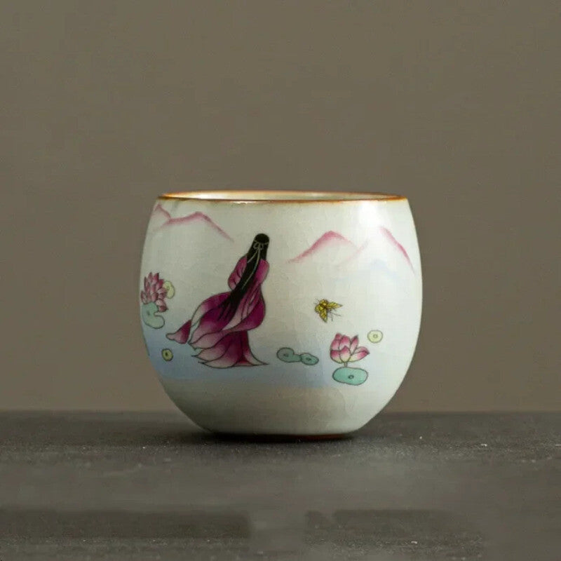 Ru Kiln Ceramic Teacup Lotus Pattern Coffee Cup Portable Handmade Tea Set