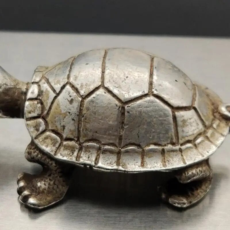 Old Chinese 2.4" Silver Folk Feng Shui Statue Animal Turtel Tortoise Longevity