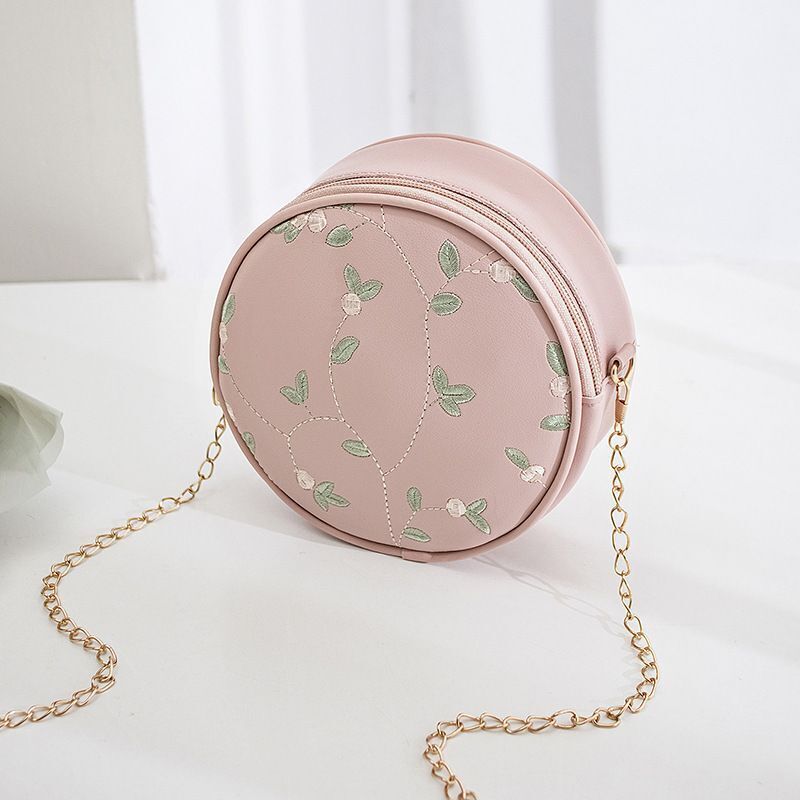 Sweet Lace Round Handbags Synthetic Leather Crossbody Bags Small Flower Chain