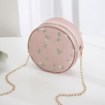 Sweet Lace Round Handbags Synthetic Leather Crossbody Bags Small Flower Chain