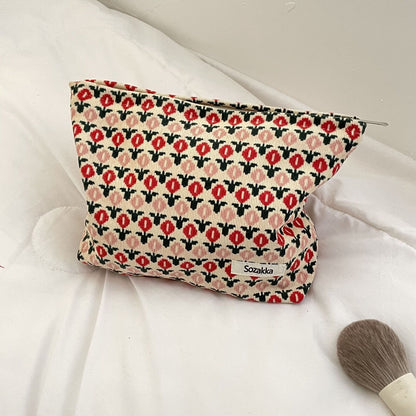 Corduroy Cosmetic Bag Flower Print Travel Purse Storage Bag 18*25*5CM Zipper 1PC