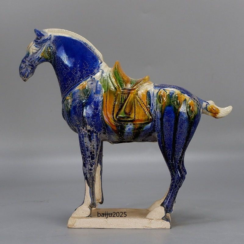 9" Chinese Tang Tri-Color Glazed Ceramics Blue War Horse Porcelain Statue Gift