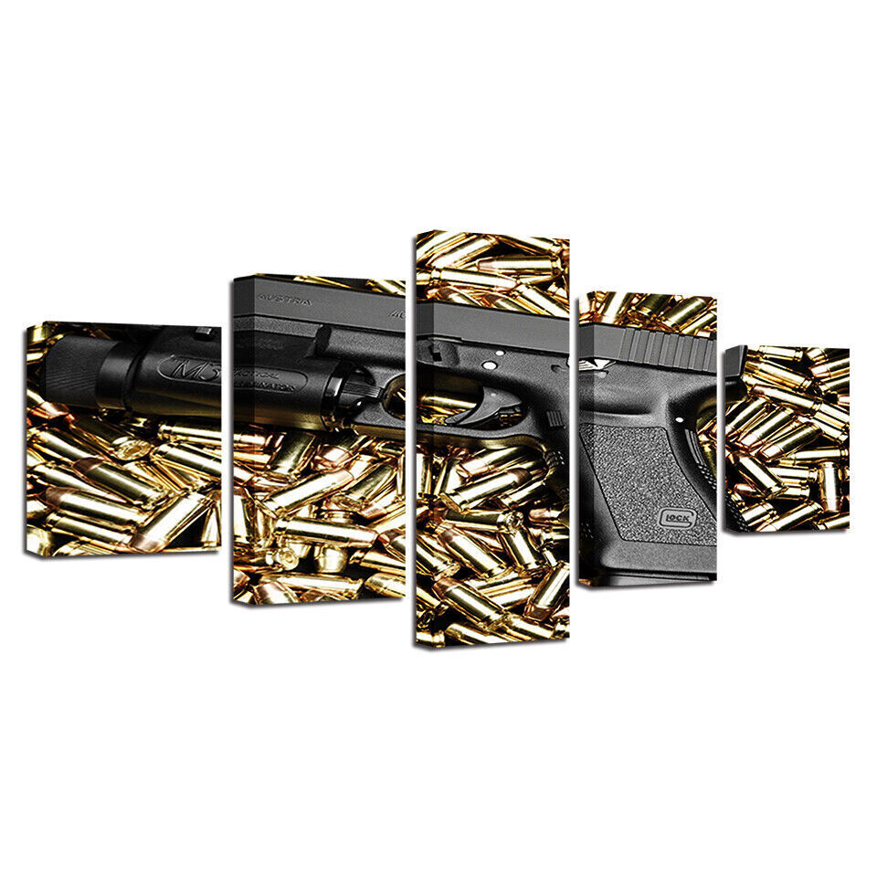 Pistol and Bullets Canvas Prints Painting Wall Art Home Decor Picture 5PCS