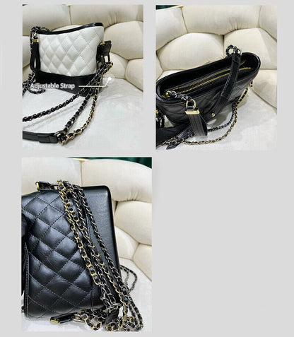 Quilted Real Leather Shoulder Bag Hobo Purse Double Chains Crossbody Handbag