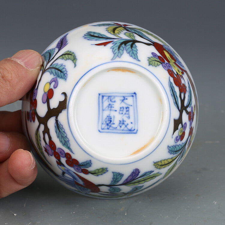 3.1" Chinese Doucai Contrasting Colors Porcelain Twisting Flower Bird Grain Cups
