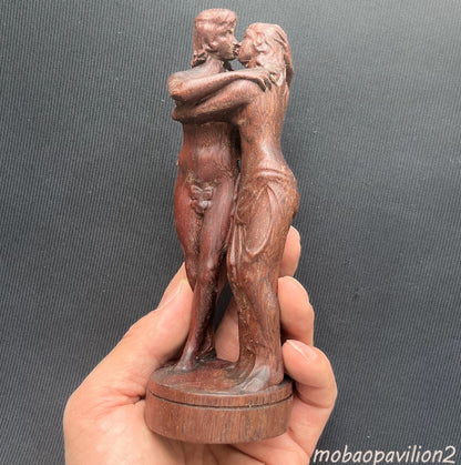 6" Rosewood Carved Lesbian Girl Kiss Statue Beauty Figurine Model Home Design