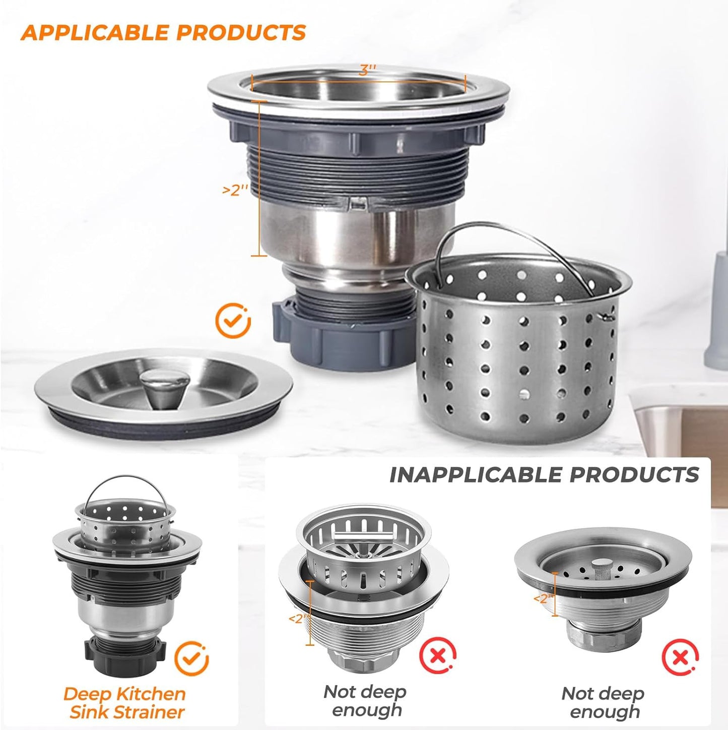 Deep Sink Strainer Basket – Fits Standard 3-1/2" Kitchen Drains – Stainless Stee